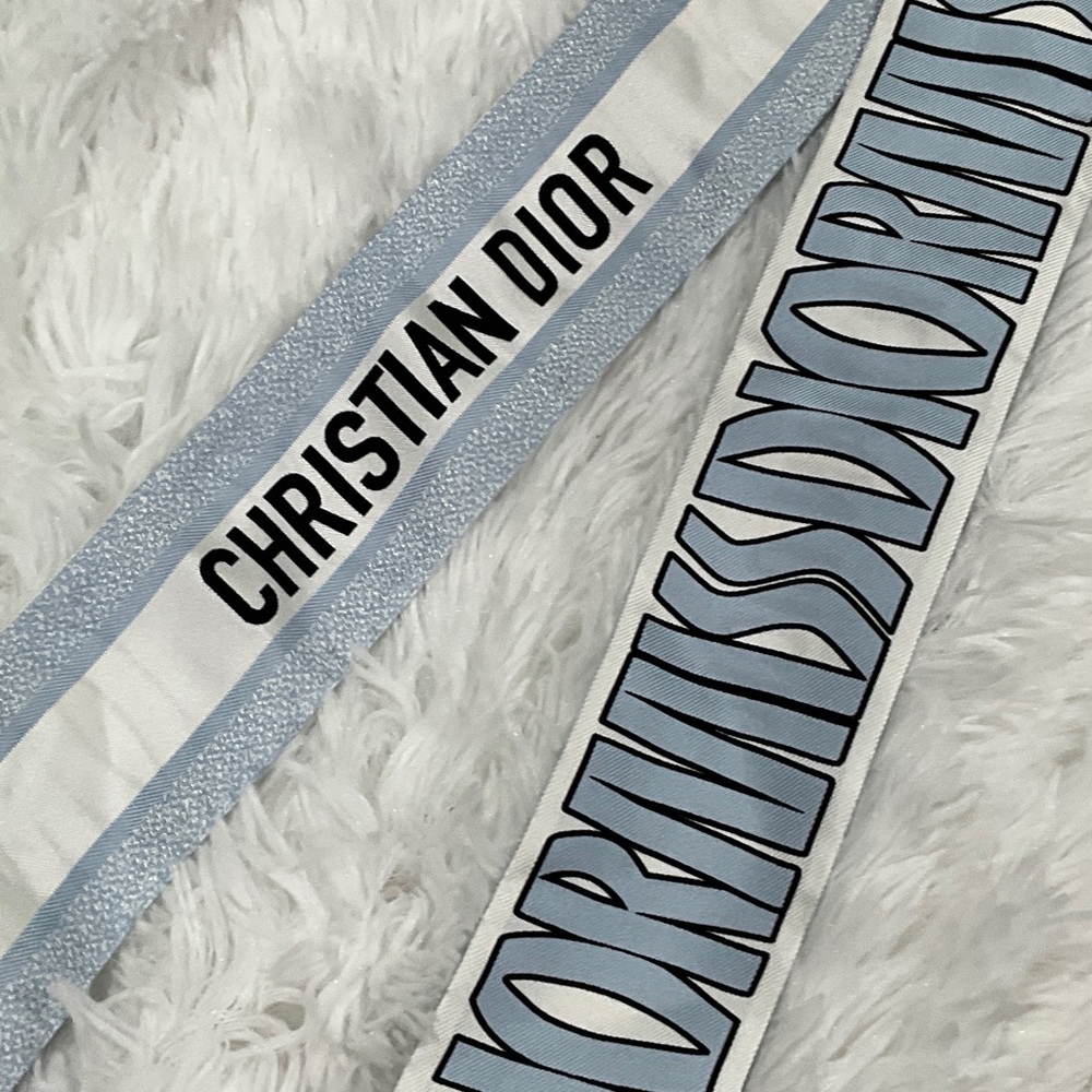 Dior Light Blue and White Logo Silk Twilly Scarf - Picture 2 of 4